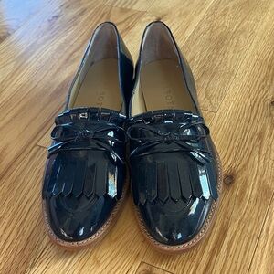 Talbots Sleek Navy Patent Leather Loafers with Fringe Detail